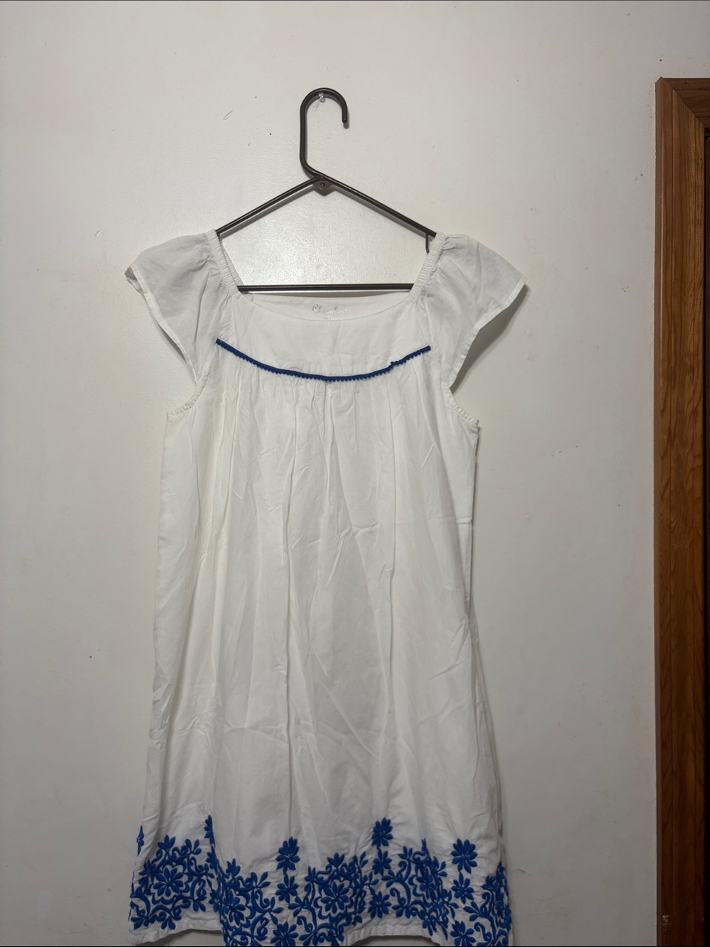 Cherokee White Mini Dress with Blue Embroidered Hem